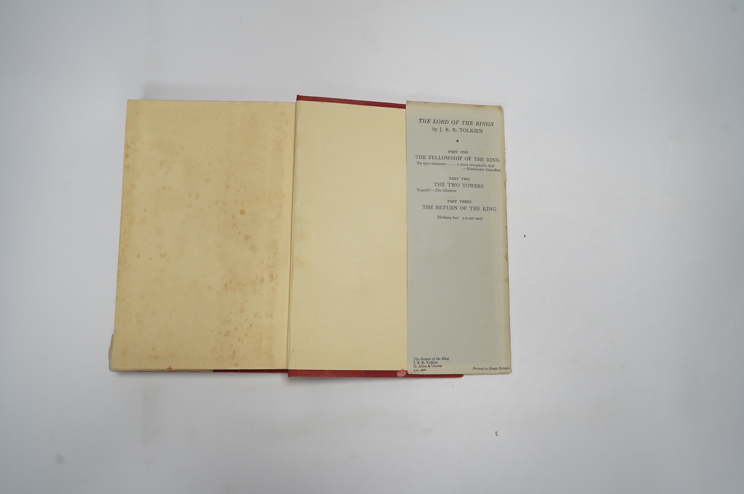 Tolkien, J.R.R - The Return of the King, 1st edition, 1st impression, London: George Allen & Unwin, 1955, folding map at rear, original red cloth gilt, unclipped dust jacket, 8vo, George Allen & Unwin, London, 1955.